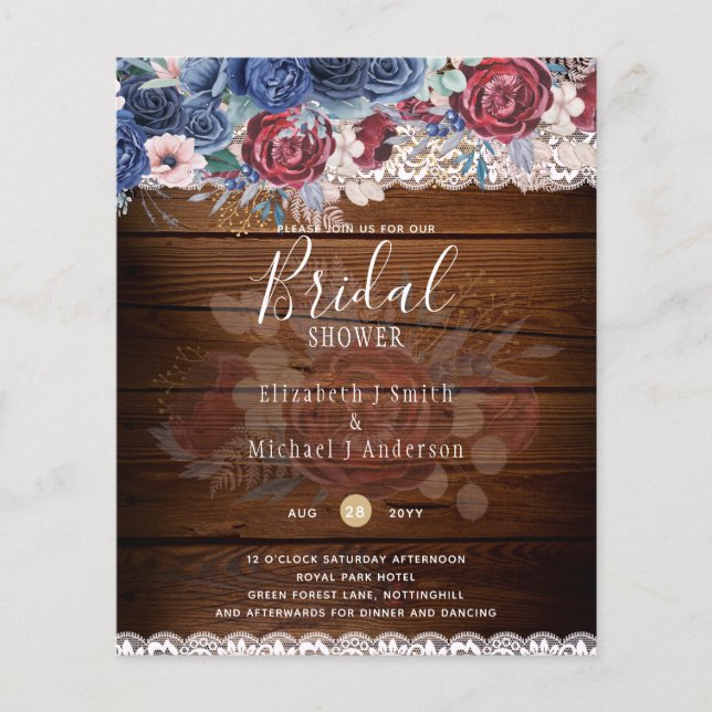 Budge Burgundy Blue Floral Brautparty laden Flyer (Vorne)