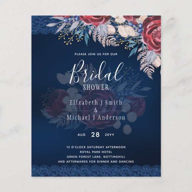 Budge Burgundy Blue Floral Brautparty laden Flyer (Vorne)