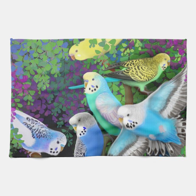 Budgerigars im Farn-Geschirrtuch Geschirrtuch (Horizontal)