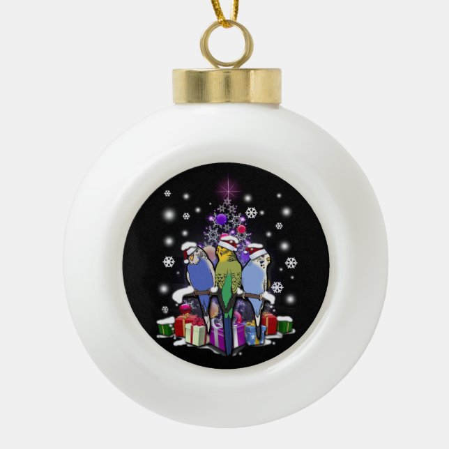 Budgerigars mit Weihnachtsgeschenk und Keramik Kugel-Ornament (Vorderseite)