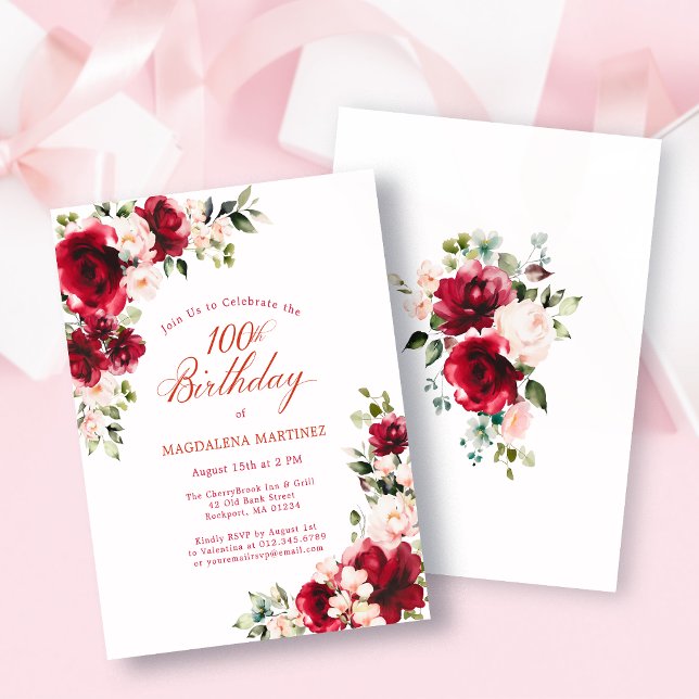 BUDGET 100th Birthday Red Pink Rose Invitation (Von Creator hochgeladen)