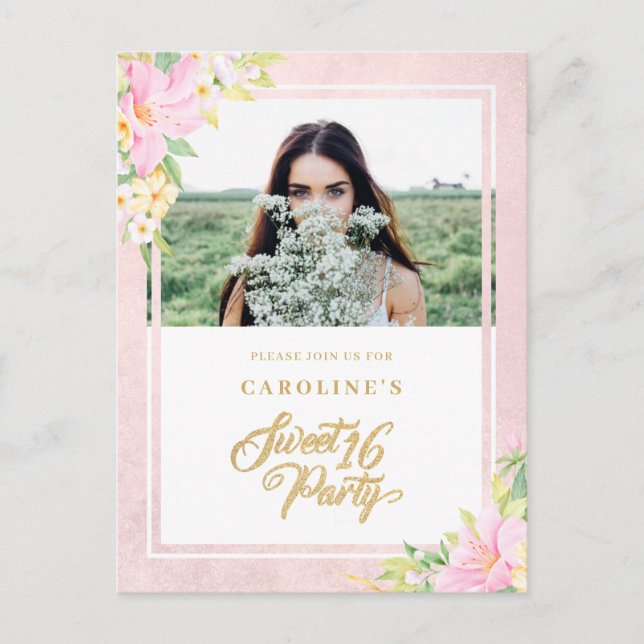 Budget 16 . Geburtstag Elegantes Blumenrosa Foto Einladungspostkarte (Vorderseite)