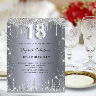 Budget 18. Geburtstag Silber Glitter-Einladung
