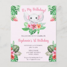 Budget 1 Geburtstag Pink Elephant Girl Einladung