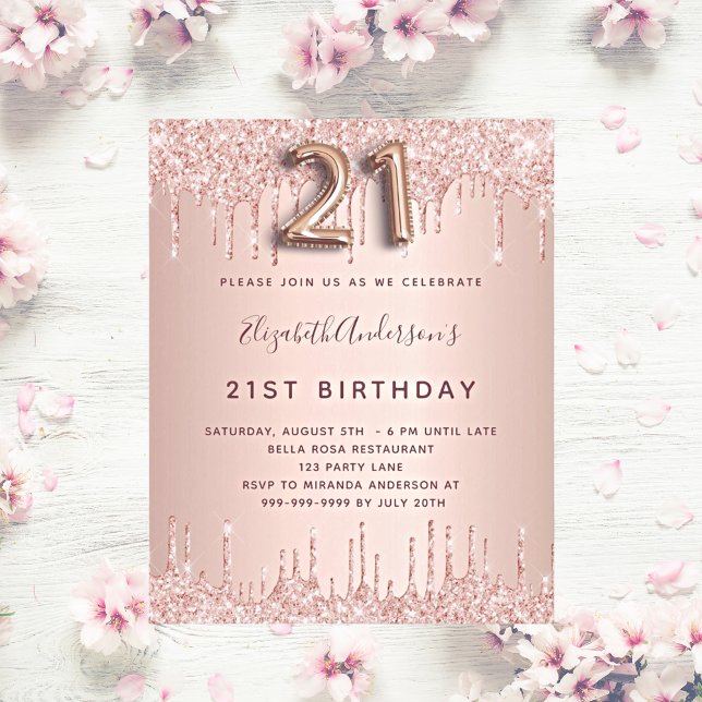 Budget 21. Rose Birthday Gold Glitzer Einladung (Von Creator hochgeladen)