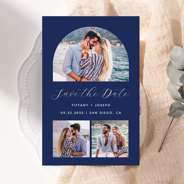 Budget 3 Foto Boho Arch Navy Blau Save the Date (Von Creator hochgeladen)