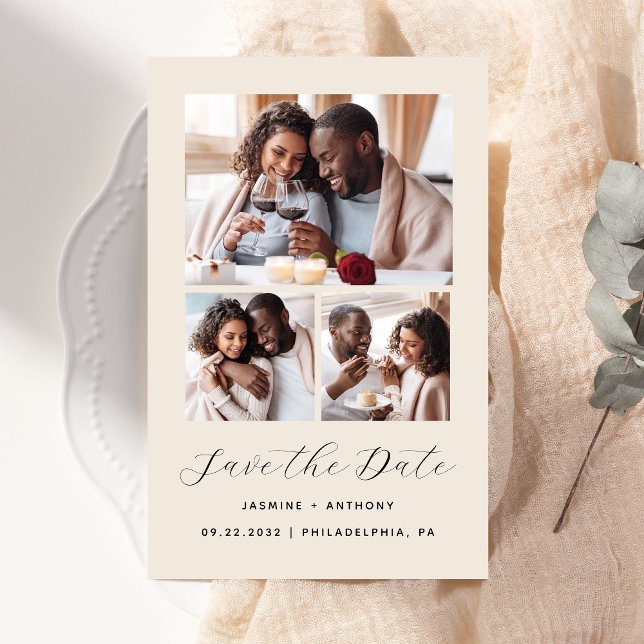 Budget 3-Foto Collage Beige Save the Date (Von Creator hochgeladen)