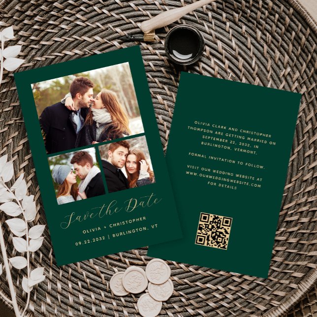 Budget 3-Foto Collage Green QR Code Save the Date (Von Creator hochgeladen)