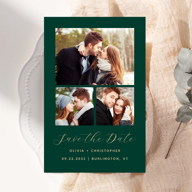 Budget 3-Foto Collage Green Save the Date (Von Creator hochgeladen)