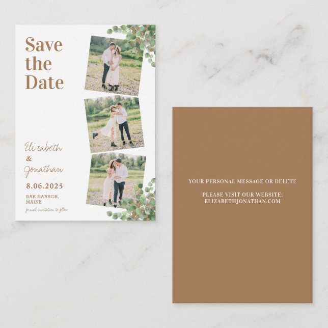 Budget 3 Foto Eukalyptus Wedding Save the Date Mitteilungskarte (Vorne/Hinten)