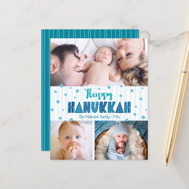 Budget 3 Foto Happy Hanukkah Turquoise Stars Card (Vorderseite/Rückseite Beispiel)