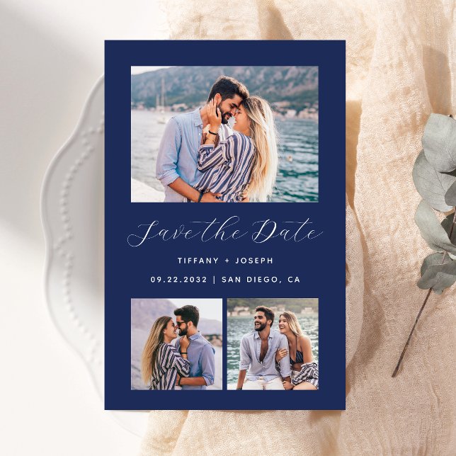 Budget 3-Foto Navy Blue Save the Date (Von Creator hochgeladen)