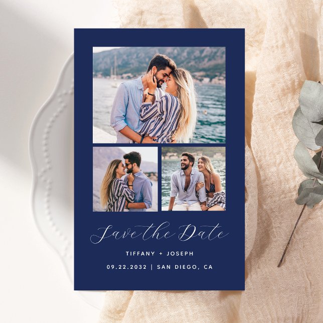 Budget 3-Foto Navy Blue Save the Date (Von Creator hochgeladen)