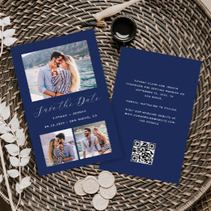 Budget 3-Foto Navyblau QR-Code Save-the-Date-Karte
