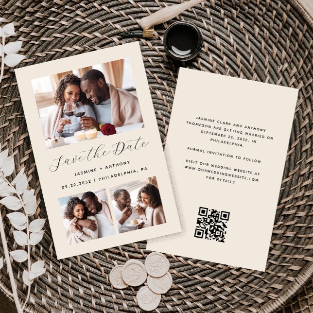 Budget 3-Foto-QR-Code Beige Save-the-Date (Von Creator hochgeladen)