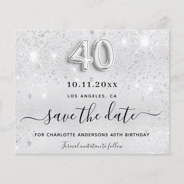 Budget 40. Geburtstag Silber Glitzer Save the Date (Vorderseite)