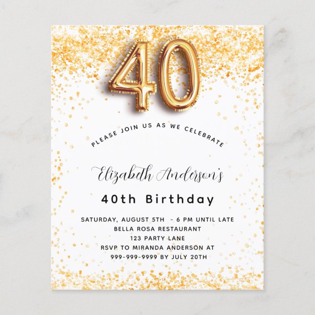 Budget 40. Geburtstag Weißgold Glitzer Einladung (Vorderseite)
