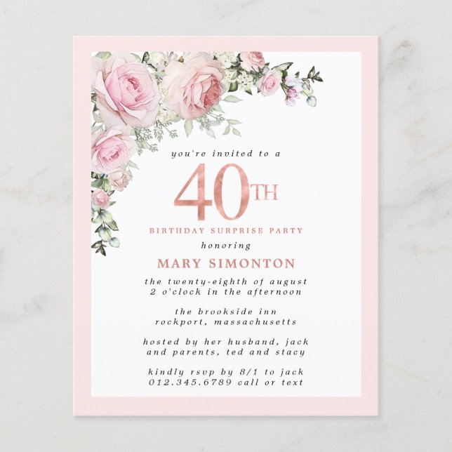 Budget 40. Überraschung Party Pink Floral Einladun (Vorderseite)