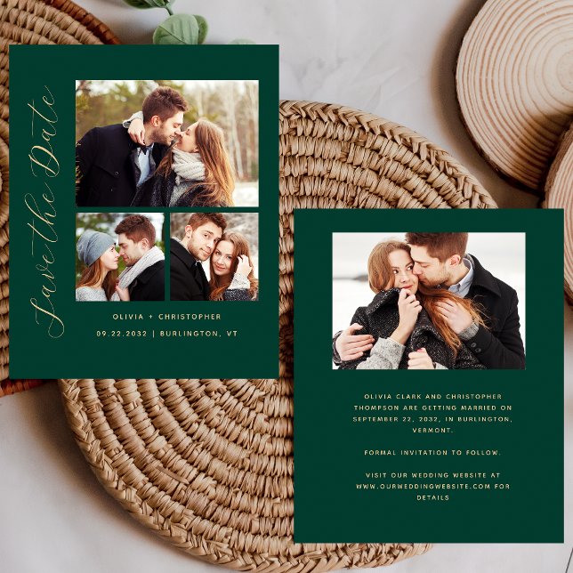 Budget 4-Foto Emerald Green Gold Save the Date (Von Creator hochgeladen)