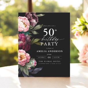 Budget 50. Geburtstag Burgund Floral Einladung Flyer