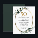 Budget 50. Geburtstag Eukalyptus Gold Party Einlad<br><div class="desc">50. Geburtstag Eukalyptus Gold Metallische Party Einladung.. Unser preiswertes und luxuriöses botanisches 50. Geburtstagsfest lädt mit einem ovalen, vergoldeten ovalen Rahmen aus Metall, der mit staubigen, grünen und smaragdfarbenen Eukalyptus-Blätter geschmückt ist und einen eleganten Rahmen für den einladenden Text schafft. Über dem Einladungstext steht eine goldene 50 Grafik, die das...</div>