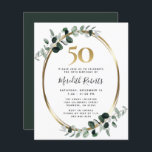 Budget 50. Geburtstag Eukalyptus Gold Party Einlad<br><div class="desc">50. Geburtstag Eukalyptus Gold Metallische Party Einladung.. Unser preiswertes und luxuriöses botanisches 50. Geburtstagsfest lädt mit einem ovalen, vergoldeten ovalen Rahmen aus Metall, der mit staubigen, grünen und smaragdfarbenen Eukalyptus-Blätter geschmückt ist und einen eleganten Rahmen für den einladenden Text schafft. Über dem Einladungstext steht eine goldene 50 Grafik, die das...</div>