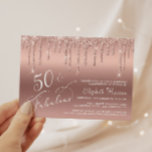 Budget 50. Geburtstag Glitzer Rose Gold Einladung<br><div class="desc">Elegante, schicke und preisgünstige 50. Geburtstagsfeier mit "50 & Fabulous" in stilvollem, weißem Drehbuch auf goldenem Hintergrund der Rose, mit Rose Gold Imitats Glitzer tropft. Sie können mit ihrem Namen und den Party-Details personalisieren. Dieses halbglänzende Haushaltspapier ist gewichtsähnlich wie Foto. Es ist auch eine größere 12x18-Kartenversion verfügbar (für den Link...</div>