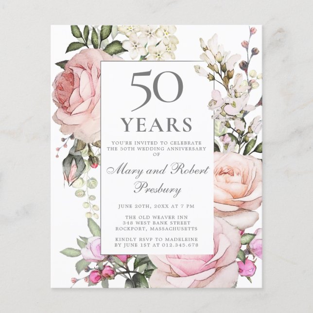Budget 50 Jahrestag Einladung Pink Floral (Vorderseite)