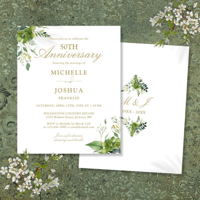 Budget 50 Jubiläum Greenery Monogram Einladung (Von Creator hochgeladen)