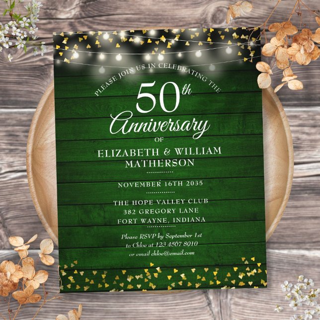 Budget 50 Jubiläum Holz Gold Hearts Einladung (Budget 50th Anniversary Wood Gold Hearts Invite)