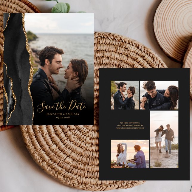 Budget 5-Foto Black Gold Agate Save the Date Karte (Von Creator hochgeladen)