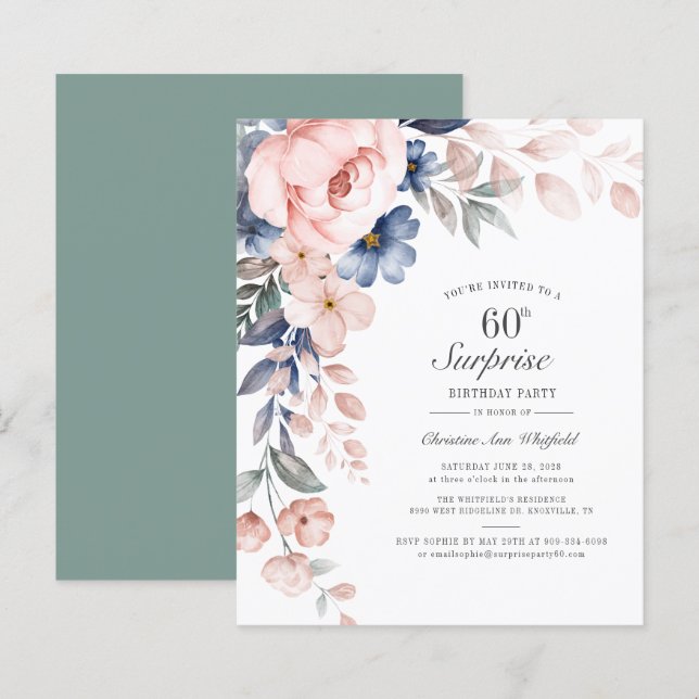 Budget 60. Geburtstag Pink Blumenschrift Einladung (Vorne/Hinten)