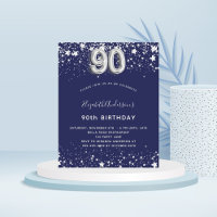Budget 90. Geburtstag navy blauen Silber Einladung