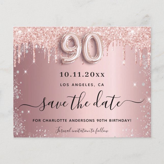 Budget 90. Geburtstag Schwarz Silber Save the Date (Vorderseite)