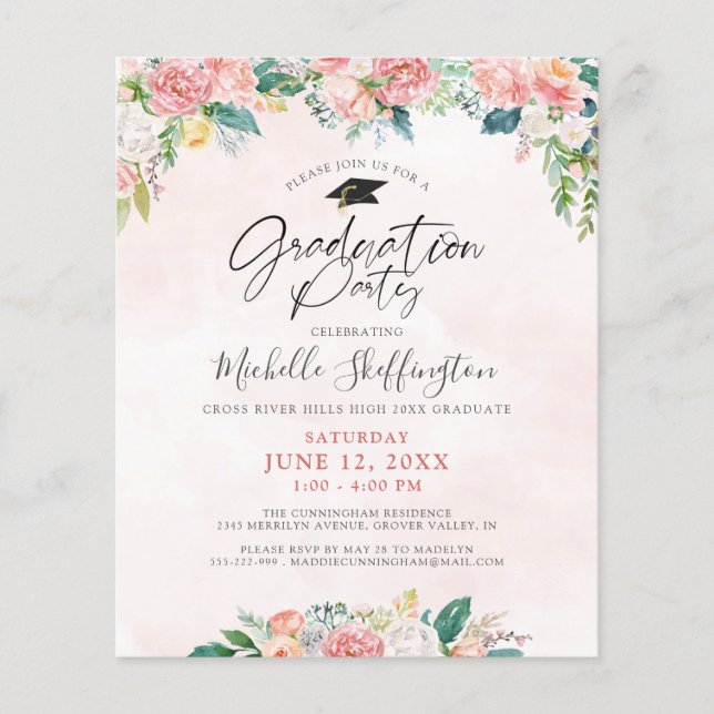 Budget Abschluss Elegante Blumenschrift Einladung (Vorderseite)