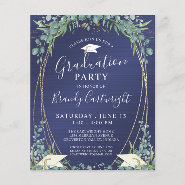 Budget Abschluss Navy Blue Botanical Einladung (Vorderseite)