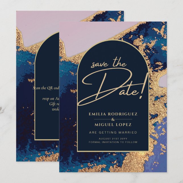 Budget Agate Blue Gold Wedding Save the Dates Einladung (Vorne/Hinten)