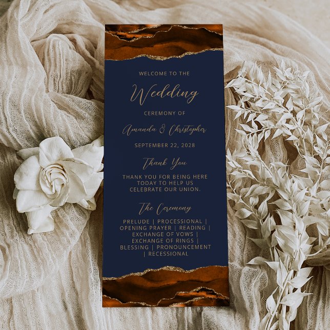 Budget Agate Burnt Orange Navy Hochzeitsprogramm Werbekarte (Von Creator hochgeladen)