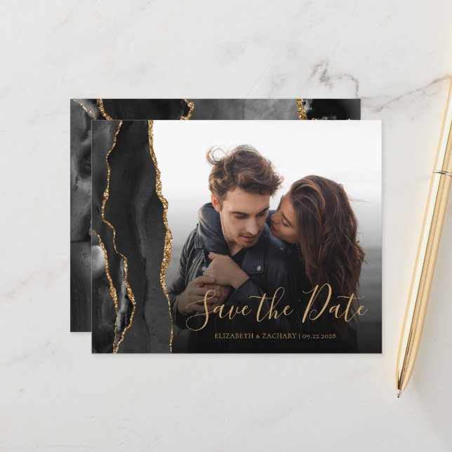 Budget Agate Geode Black Gold Foto Save the Date (Vorderseite/Rückseite Beispiel)