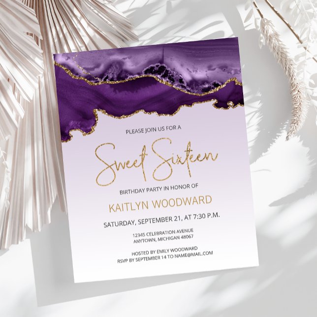 Budget Agate Lila Ombre Gold Sweet 16 Einladung (Von Creator hochgeladen)