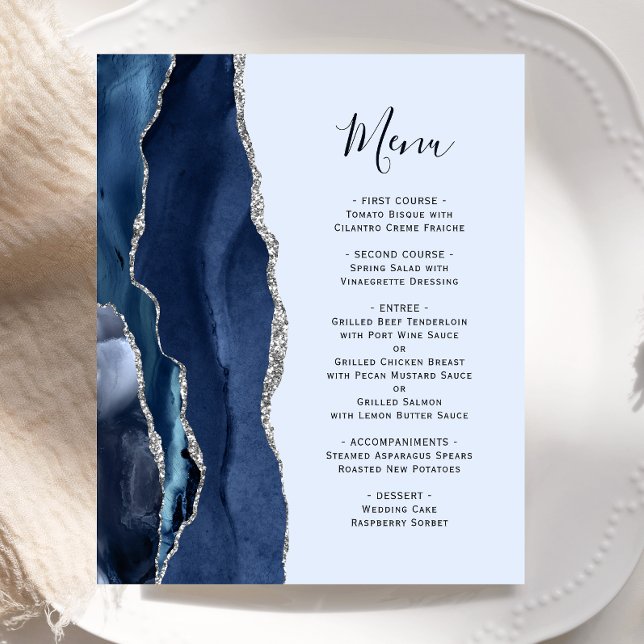 Budget Agate Navy Blassblaue Silver Wedding Menü (Von Creator hochgeladen)
