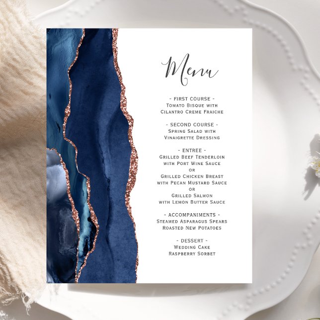 Budget Agate Navy Blue Rose Gold Wedding Menü (Von Creator hochgeladen)