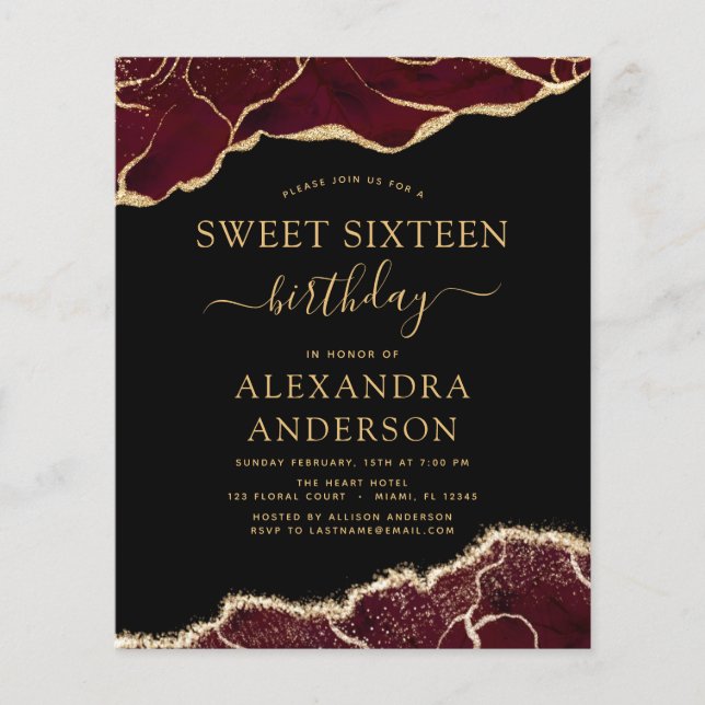 Budget Agate Sweet 16 Birthday Burgundy Gold Flyer (Vorne)