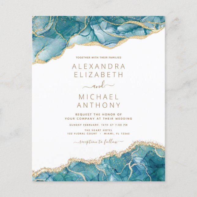 Budget Agate Turquoise Aquamarin Gold Hochzeit Flyer (Vorne)