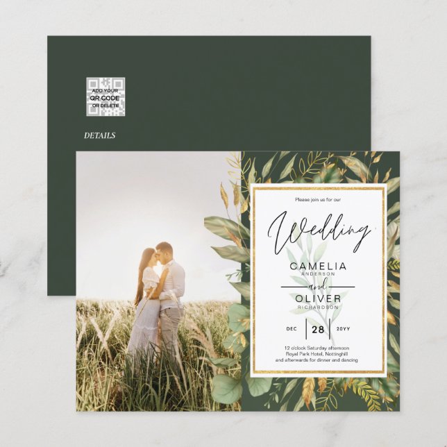 Budget All-in1 FOTO Greenery Wedding RSVP QR CODE (Vorne/Hinten)