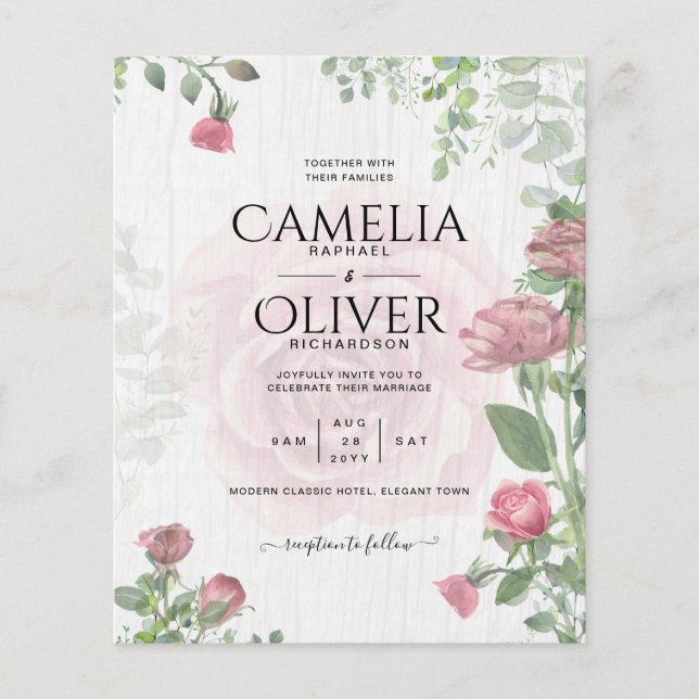 Budget All-in-1 Dusty Pink Roses Floral Wedding Flyer (Vorne)