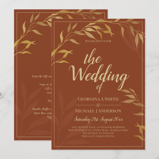 Budget All-in-1 Rustic Terracotta GOLD Wedding Einladung (Vorne/Hinten)