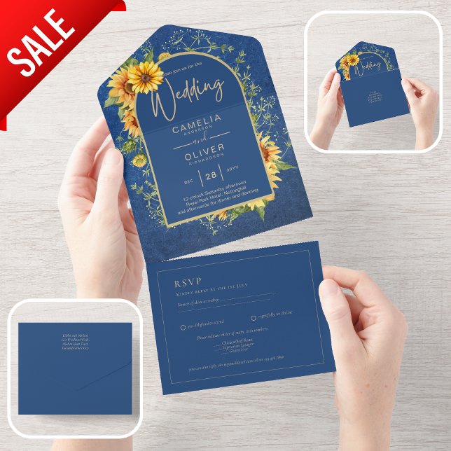 BUDGET All-in-1 Rustikale Sonnenblumen BLAU Hochze All In One Einladung (Von Creator hochgeladen)