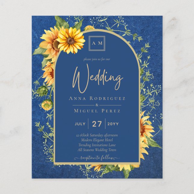 BUDGET All-in-1 Rustikale Sonnenblumen BLAU Hochze Flyer (Vorne)