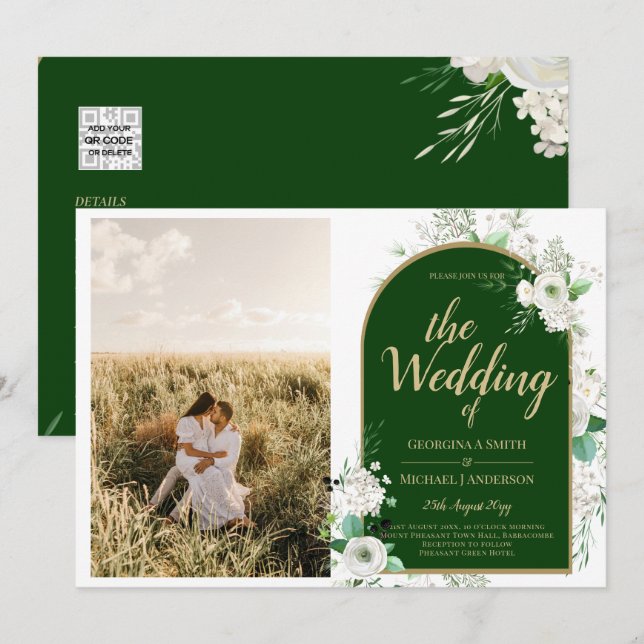 Budget All-in-1 White Roses Green Wedding QR Code Einladung (Vorne/Hinten)